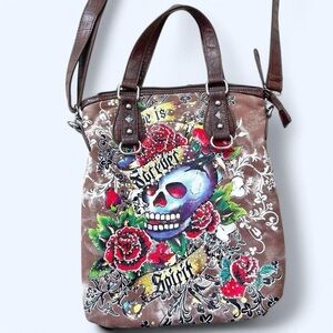 Brown Skull and Roses Tote Bag